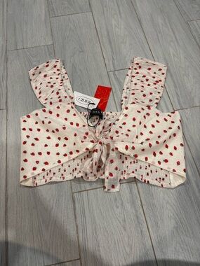 Cider Cream Strawberry-Print Tie-Front Crop Top